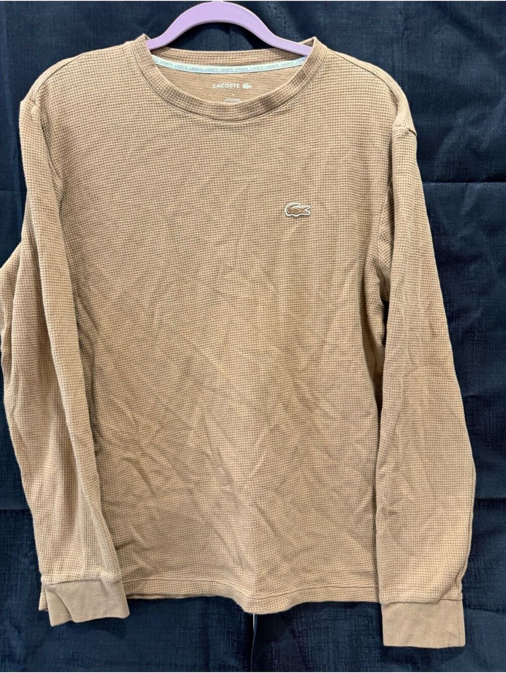 Lacoste Men’s Waffle Knit Long Sleeve Shirt Brown Tan Cotton Stretch Crocodile